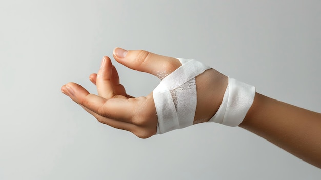 Photo closeup of a womans hand wrapped in a white bandage