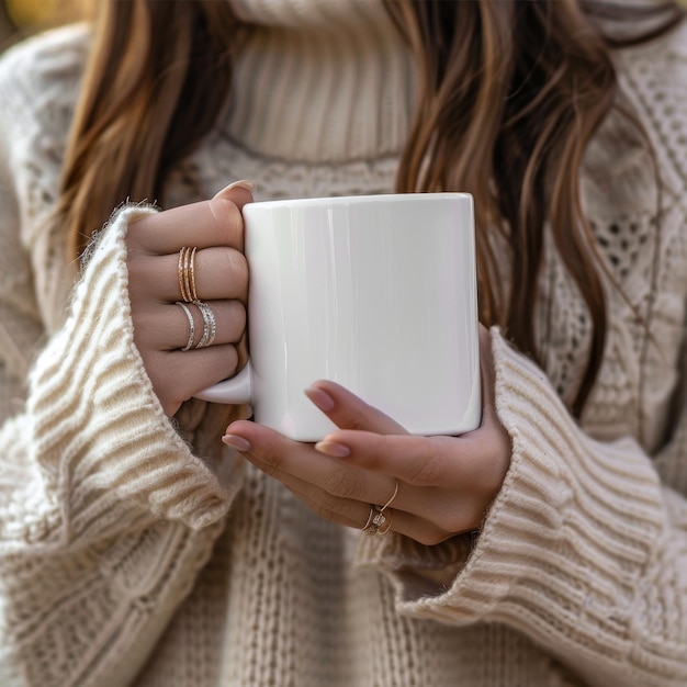 Closeup of a womans hands gracefully holding a warm mug adorned with stylish rings