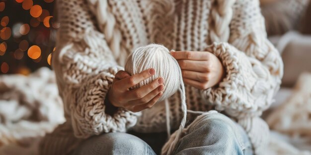 Photo closeup of a womans hands holding a ball of yarn