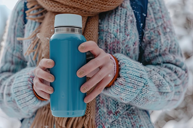 Photo closeup of womans hands holding blue thermos bottle outside