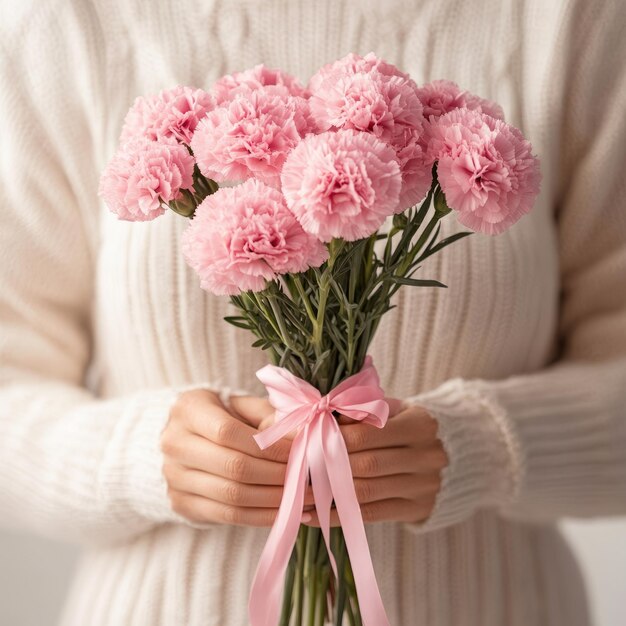 Photo closeup of a womans hands holding a bouquet of pink carnations with a pink ribbon