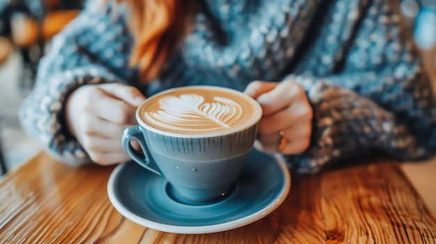 Closeup of a womans hands holding a cup of latte art coffee