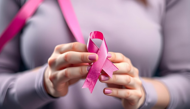 Closeup of womans hands holding pink ribbon Breast cancer awareness concept isolated with white