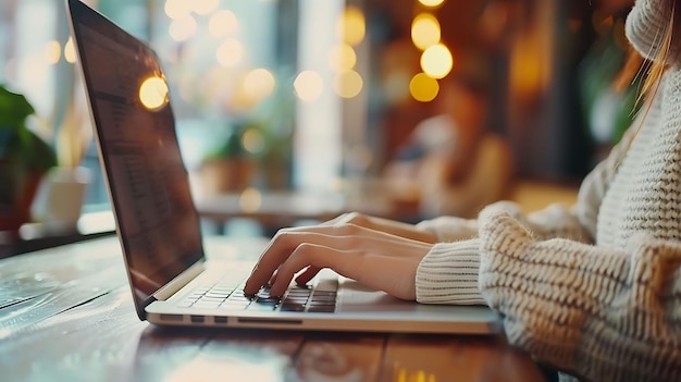 Closeup of a womans hands typing on a laptop