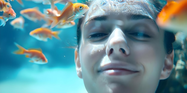 Closeup of womans head in aquarium with goldfish and coral Concept Underwater Portrait Marine Life Aquarium Photography CloseUp Shot