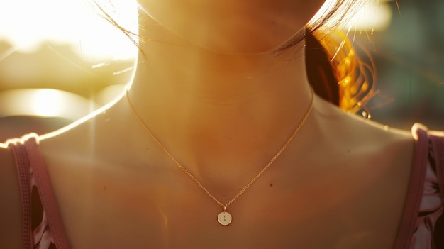 A closeup of a womans neck adorned with a delicate gold necklace pendant glimmering in the soft warm sunlight evoking a sense of elegance and tenderness