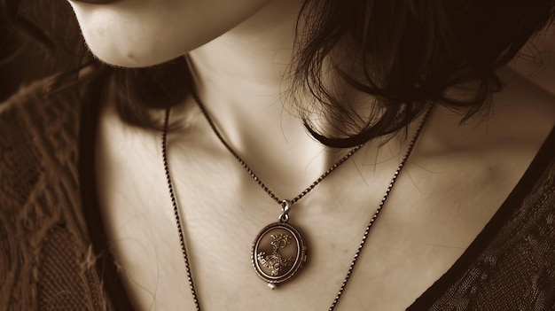 Photo closeup of a womans necklace with a vintage pendant