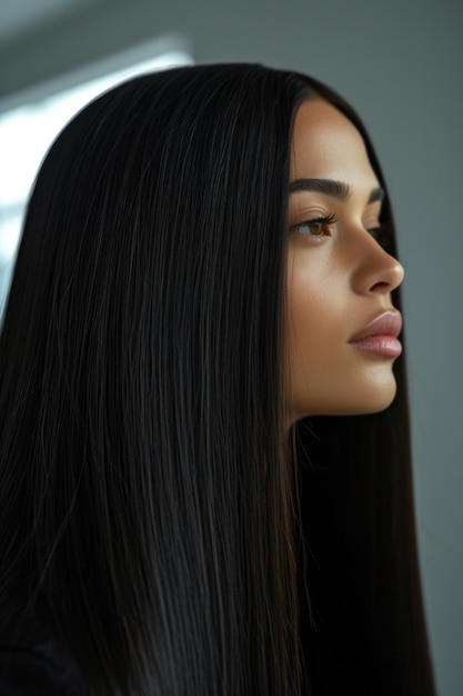 Closeup of a womans perfectly straight hairstyle