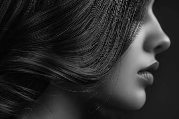 Closeup of a womans sideswept hair with detailed texture against a dark background