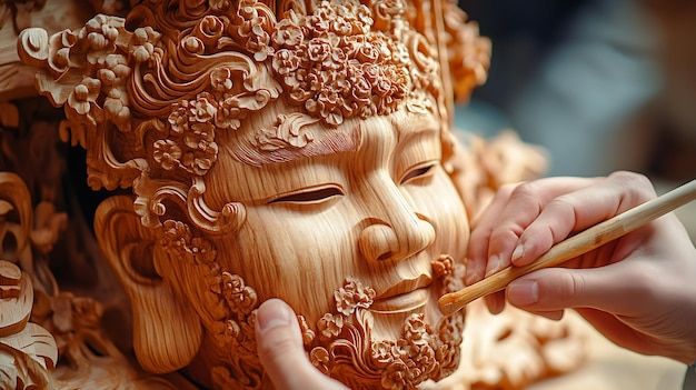 Closeup of a Woodcarvers Hand Finishing a Detailed Wooden Sculpture