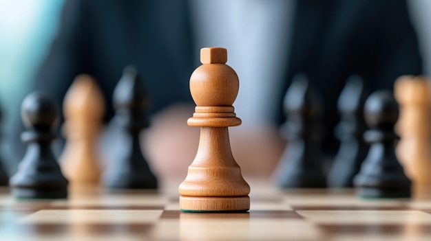 A closeup of a wooden chess pawn on a chessboard symbolizing strategy and decisionmaking in a professional business setting