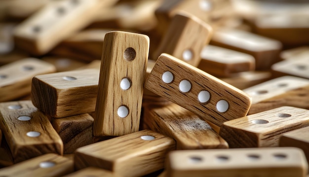 Photo closeup of wooden dominoes with white dots