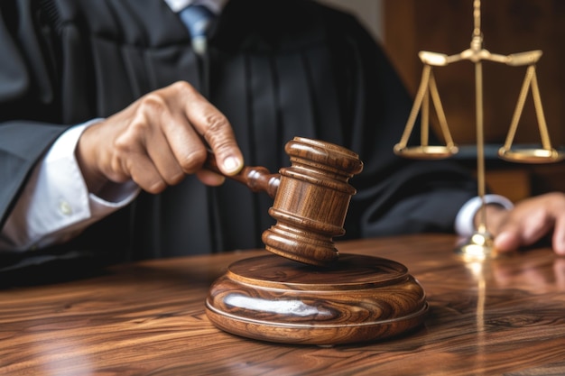 Photo closeup of a wooden gavel as a judge strikes it on the bench during a courtroom session emphasizing legal proceedings and authority