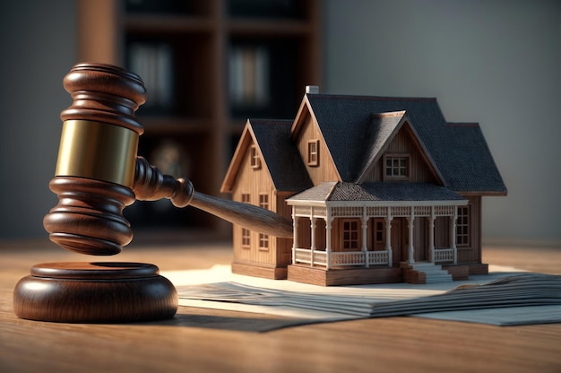 Photo a closeup of a wooden gavel next to a miniature house symbolizing a property auction with legal papers underneath