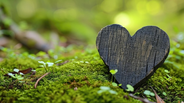 Closeup of wooden heart in moss Ai Generated