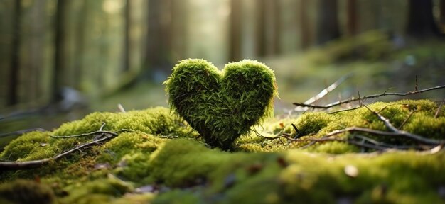 Closeup of wooden heart on moss Natural burial grave in the woods Generative AI