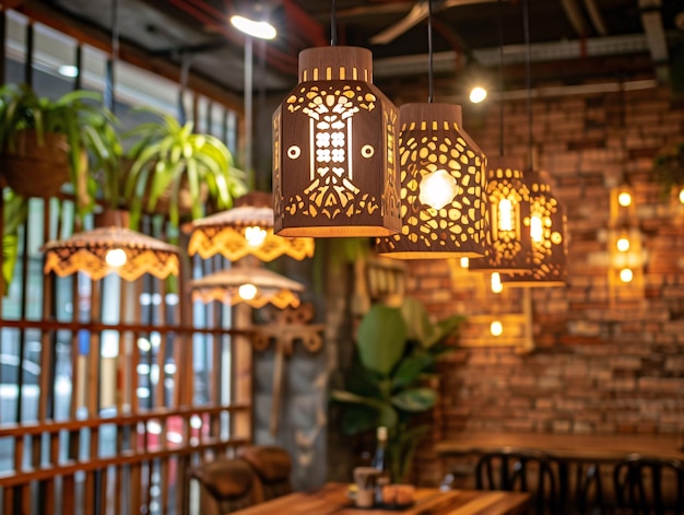 Closeup of wooden lamps suspended from the ceiling of a retrothemed cafe their intricate designs and soft lighting creating a nostalgic ambiance amidst a backdrop of exposed brick walls and