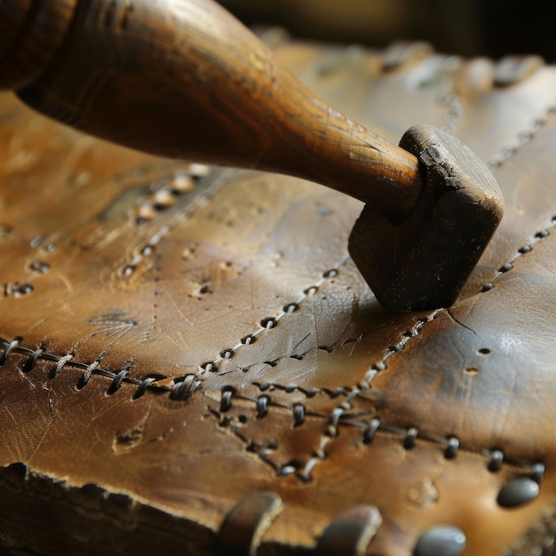 Closeup of a wooden mallet being used to secure stitching on a leather surface