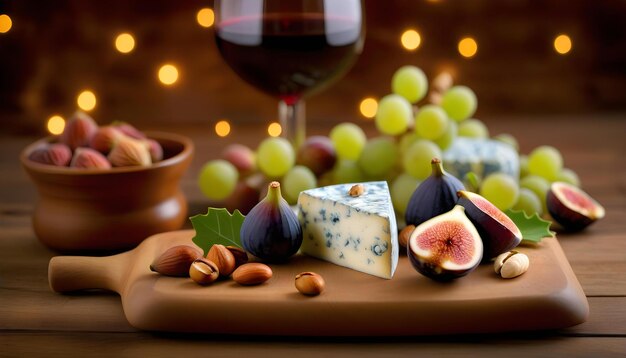 Photo a closeup of a wooden plate with cheese figs and nuts with a glass of red wine