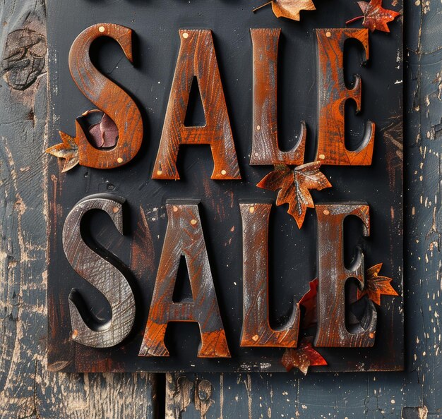 Photo a closeup of a wooden sale sign with autumn leaves featuring the word sale in large rustic letters