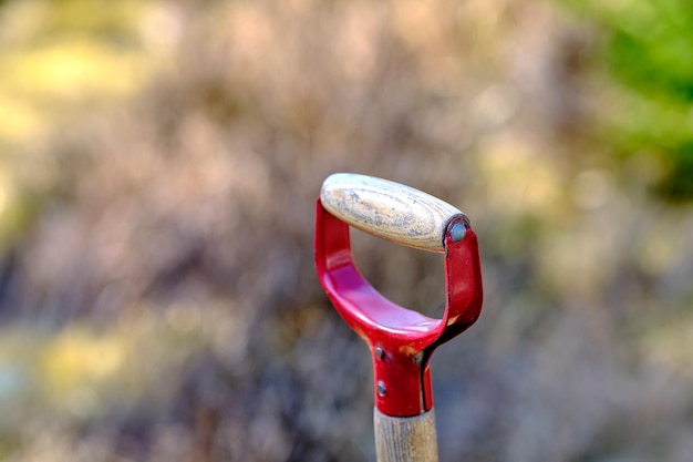 Closeup of wooden shovel in a garden or field with copy space Zoom in on macro details patterns and shape of a gardening tool ready to be used for digging Macro details of a spade in the ground