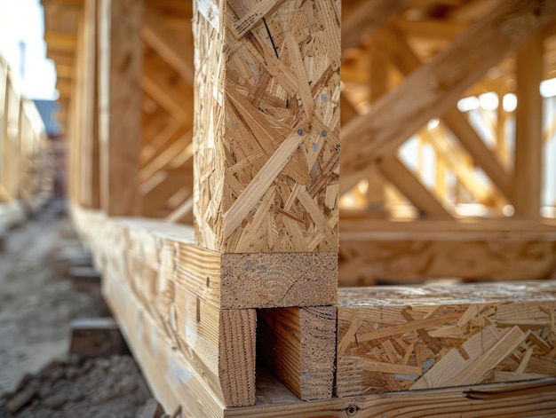 Photo closeup of wooden support structures forming a detailed framework at a development site