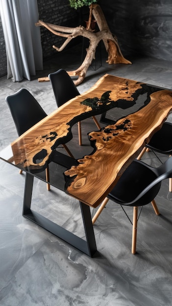 Photo a closeup of a wooden table top with a black epoxy river running through it