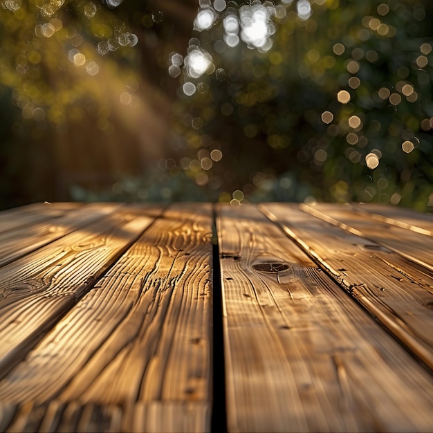 Photo closeup of a wooden table with beautiful sunlight and a bokeh background emphasizing natural textures and warm tones