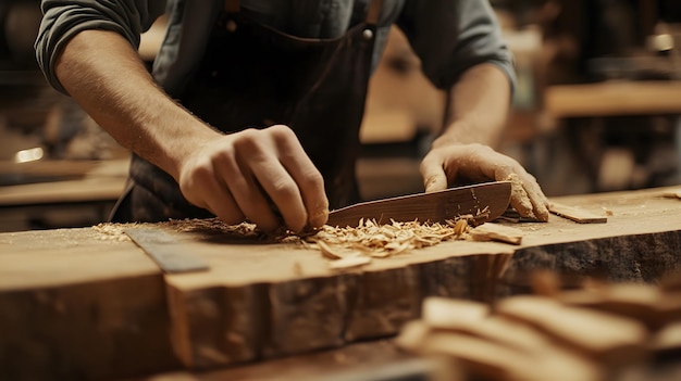 Photo closeup of a woodworker39s hand shaping wood with a tool