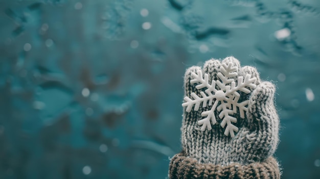 Photo closeup of woolen mitten holding snowflake