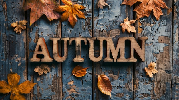 A closeup of the word AUTUMN spelled out in wooden letters against a backdrop of weathered blue wood