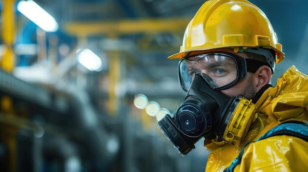 Closeup of a worker in a hard hat and gas mask emphasizing safety in an industrial environment