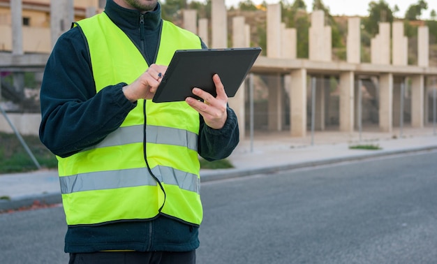 Closeup of a worker looking at a tablet with a building under construction in the background