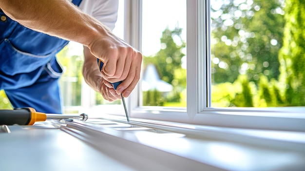 Photo closeup of a worker repairing plastic window frames from inside a bright kitchen with a view of a green garden on a sunny day