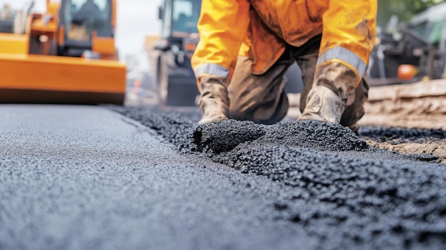 Closeup of a Worker Spreading Asphalt During Road Construction