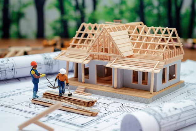 Photo closeup of worker studying blueprints for construction project on wooden table house building plan