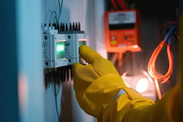 Closeup worker tester measuring voltage and current of power electric line in electical cabinet control