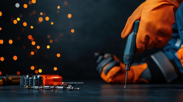 Closeup of a worker using an electric drill while wearing safety gloves with tools and sparks in the background