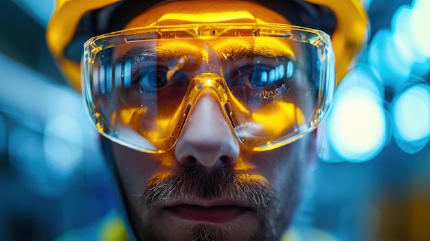 Closeup of a worker wearing safety goggles and a hard hat highlighting the importance of eye protection and safety in the workplace