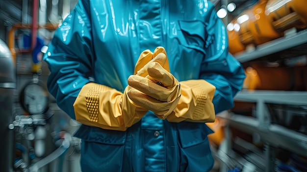 Photo closeup of a worker wearing yellow gloves and a blue jumpsuit