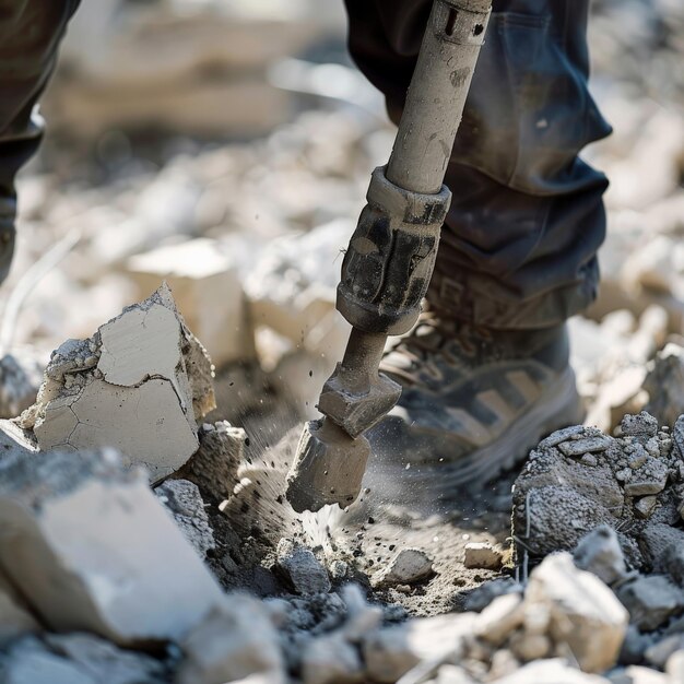 Closeup of a workers boot using a jackhammer to break concrete on a construction site surrounded by rubble and debris