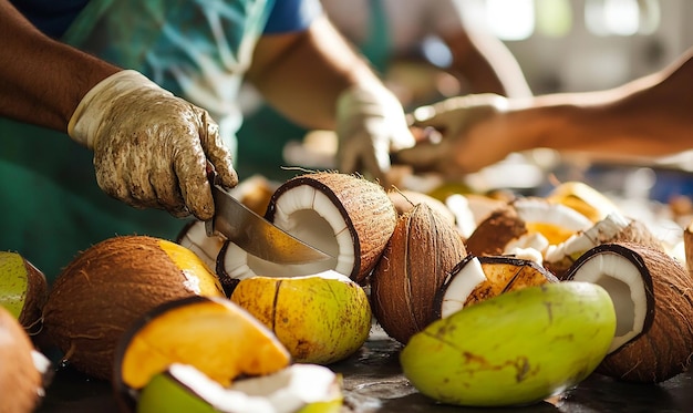 Photo a closeup of workers in a coconut processing plant