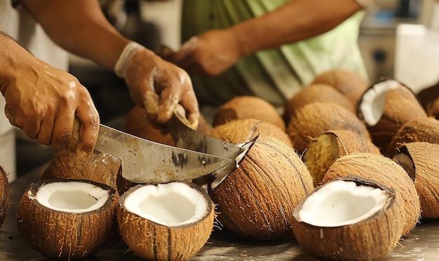 A closeup of workers in a coconut processing plant