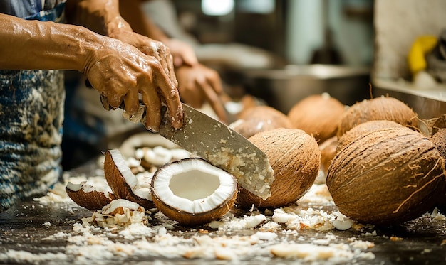 A closeup of workers in a coconut processing plant