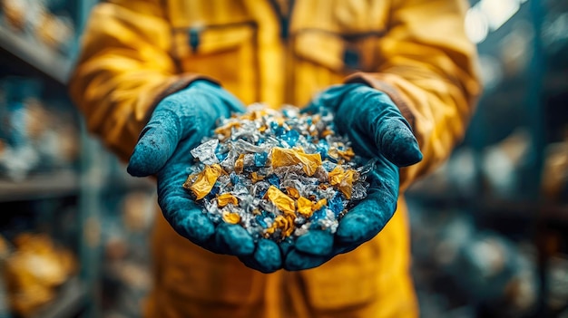 Closeup of a workers gloved hands sorting shiny orange plastic in a recycling factory