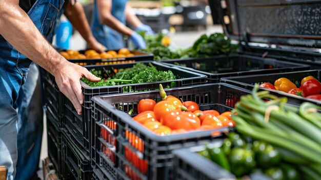 Closeup of workers storing crates full of fresh vegetables in the car