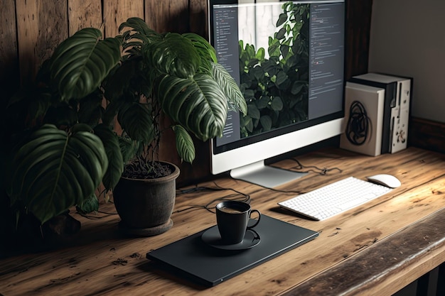 Closeup of a workstation with a computer and a plant on a wooden table