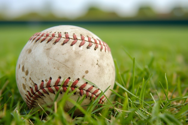 Photo a closeup of a worn baseball on a green grassy field