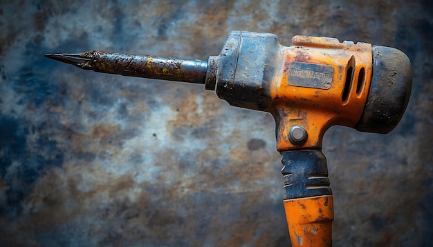 Closeup of a Worn Orange and Blue Power Tool with a Sharp Tip