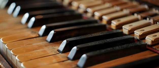 Photo closeup of worn piano keys in natural light